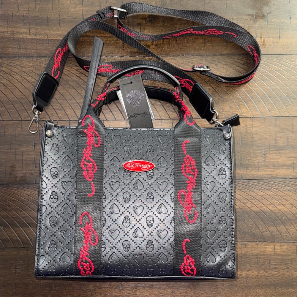 Ed Hardy Black Handbag with Red Accents